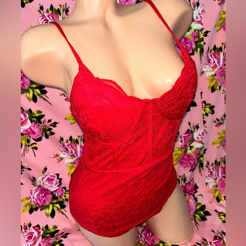 Red lace lingerie body suit one piece tank corset Lacey sexy Valentines Day S